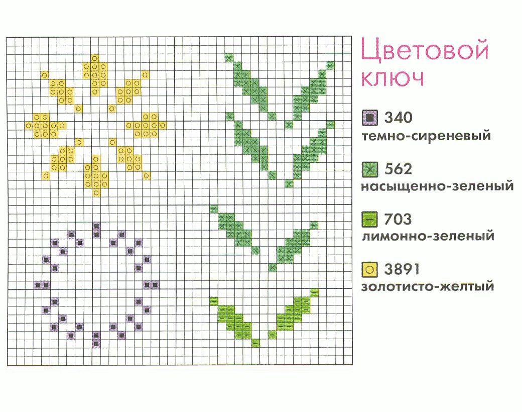 Схема вышивки и цветовой ключ. Вышивайте стебли - стебельчатым швом нитью в четыре сложения, листья - крестом нитью в три сложения, швом *мушка* и *ленивая маргаритка* нитью в четыре сложения.